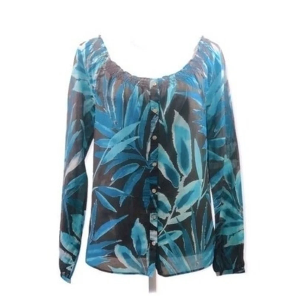 Tommy Bahama Silk Cotton Off Shoulder Blouse XXS Blue Brown Plants Top $138 NWT - Picture 6 of 11